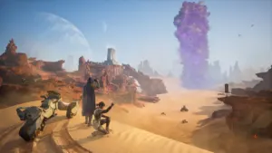 Two survivors watching a spice blow across the sands of Arrakis in Dune: Awakening by Funcom