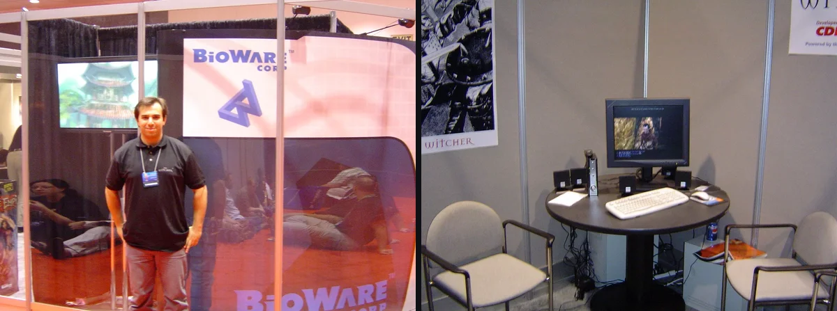 Archival photos of BioWare E3 2004 booth hosting the first demo of The Witcher by CD Projekt