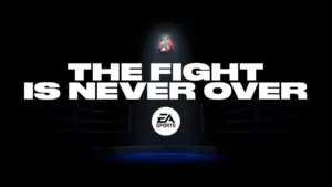 Red boxing gloves hanging over a ring in the official EA Sports Fight Night return teaser