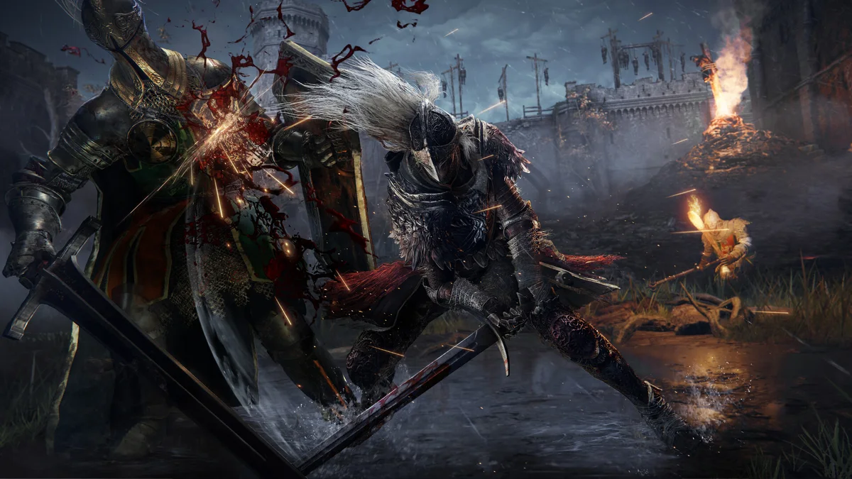 Boss battle across the Lands Between in Elden Ring on PS5, Xbox Series X|S, and PC