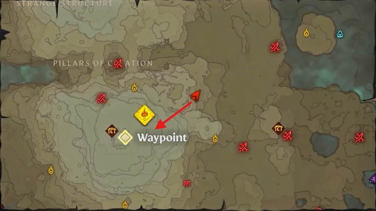 Map location of the Mothling Set at Vukah Cave Pillar south of Pillars of Creation in Enshrouded 1.0