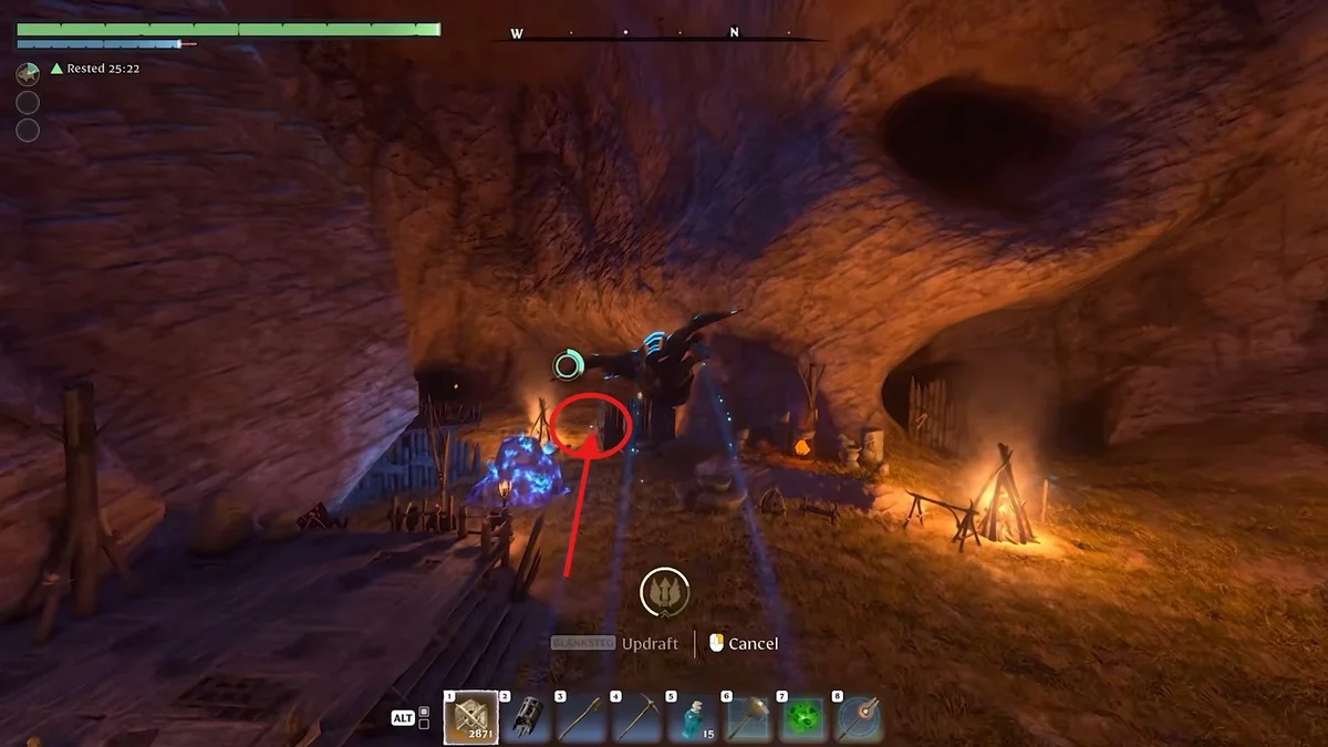 Mothling Boots chest buried under dirt and rubble next to the campfire in Enshrouded 1.0