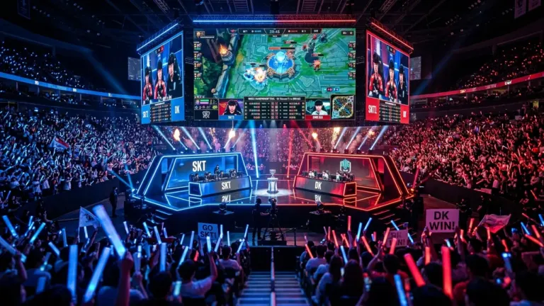 Massive esports championship stage arena with cheering crowd during League of Legends finals