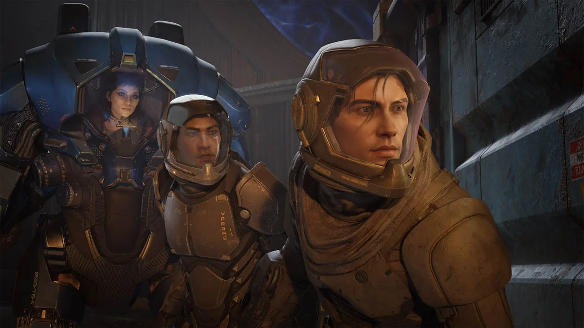 Jun Aslan inside his Traveler helmet alongside companions Vargas and Elise in Exodus