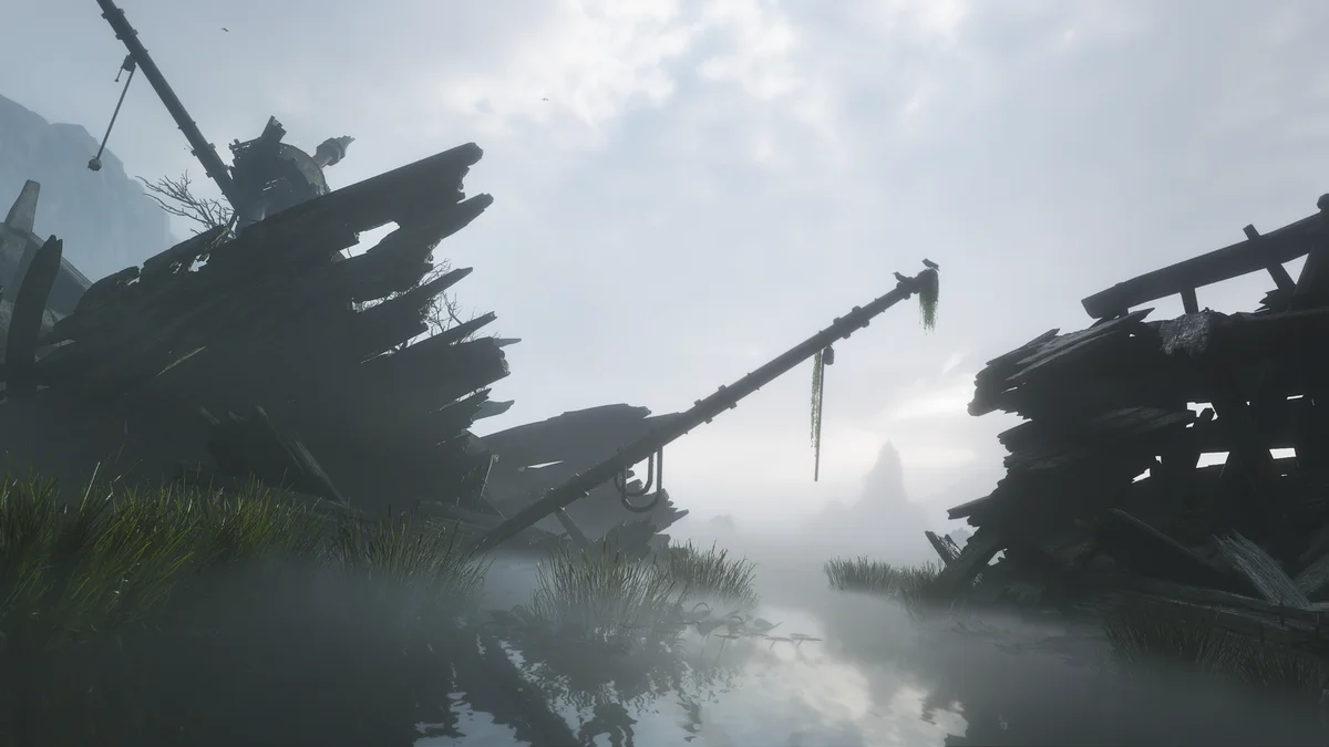 The stranded shipwreck of the HMS Jubilee in the misty swamps of Wraithmarsh in Fable