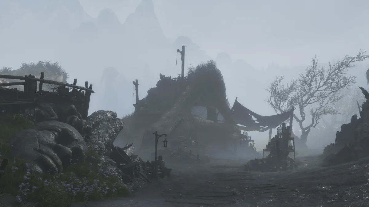 The foggy settlement of Sodden Dorrit inside the Wraithmarsh region in Fable by Playground Games