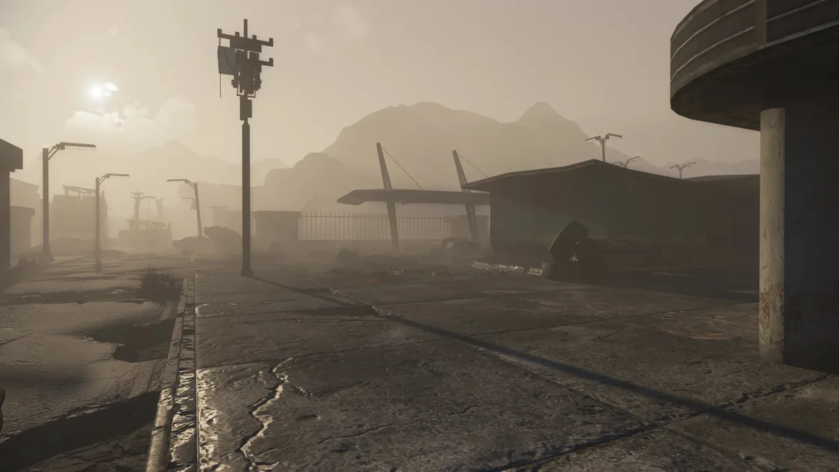 In-game screenshot of Fallout: New Vegas RTX showing volumetric dust fog, path-traced shadows, and parallax occlusion mapping on Mojave concrete