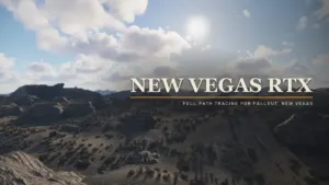 Mojave Wasteland panorama in Fallout: New Vegas RTX featuring full path tracing and Numos volumetric clouds by modder Kim2091