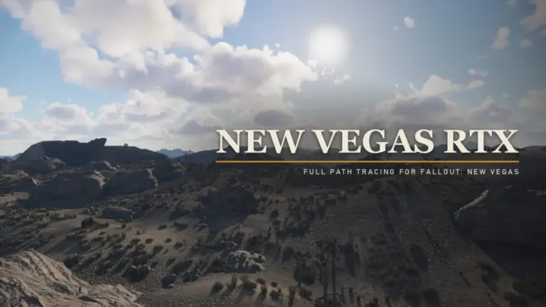 Mojave Wasteland panorama in Fallout: New Vegas RTX featuring full path tracing and Numos volumetric clouds by modder Kim2091