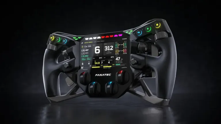 Fanatec Project Obsidian steering wheel with 5-inch LCD and SimHub Wi-Fi at SimRacing Expo 2026