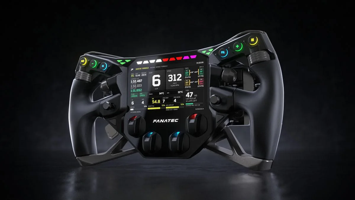 Fanatec Project Obsidian steering wheel with 5-inch LCD and SimHub Wi-Fi at SimRacing Expo 2026