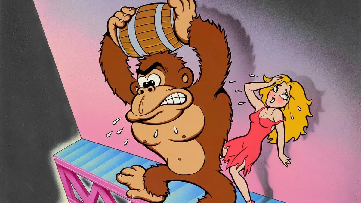 Original 1981 Donkey Kong North American arcade flyer artwork by Leslie Cabarga featuring Donkey Kong and Pauline