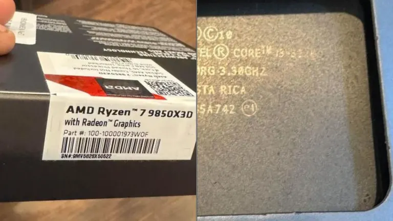 Ryzen 7 9850X3D box and Core i3 Amazon scam
