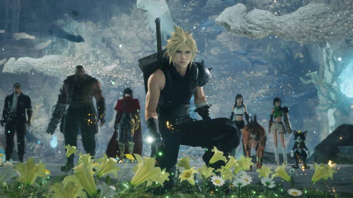 Cloud Strife surrounded by Cid Highwind Barret Vincent Valentine Tifa Red XIII Yuffie and Cait Sith in Final Fantasy VII Revelation