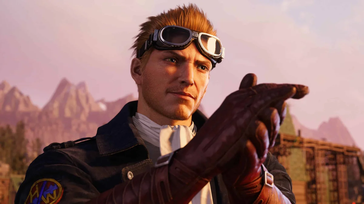Final Fantasy VII Revelation Cid Highwind Highwind pilot Cid Highwind adjusting his pilot gloves in Final Fantasy VII Revelation