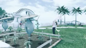 Outdoor garden patch and scarecrow in Final Fantasy XIV housing ward