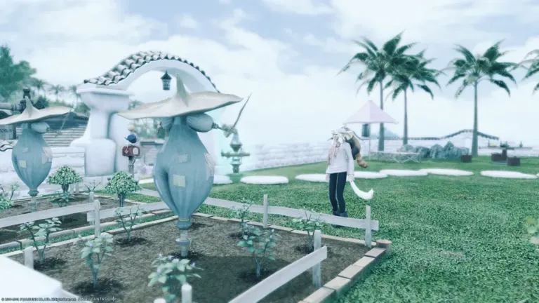 Outdoor garden patch and scarecrow in Final Fantasy XIV housing ward
