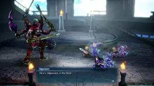 Final Fantasy Resonance HD-2D turn-based battle featuring Warrior of Light and Cloud Visions against Gilgamesh