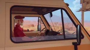 Alfred driving his vintage camper van in Forever Ago on Nintendo Switch 2
