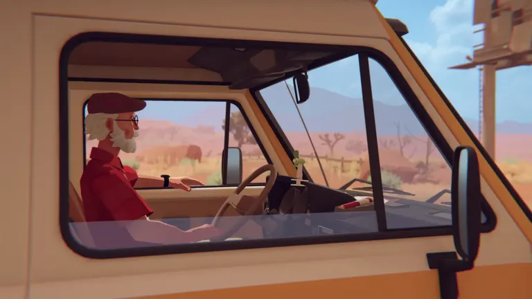 Alfred driving his vintage camper van in Forever Ago on Nintendo Switch 2