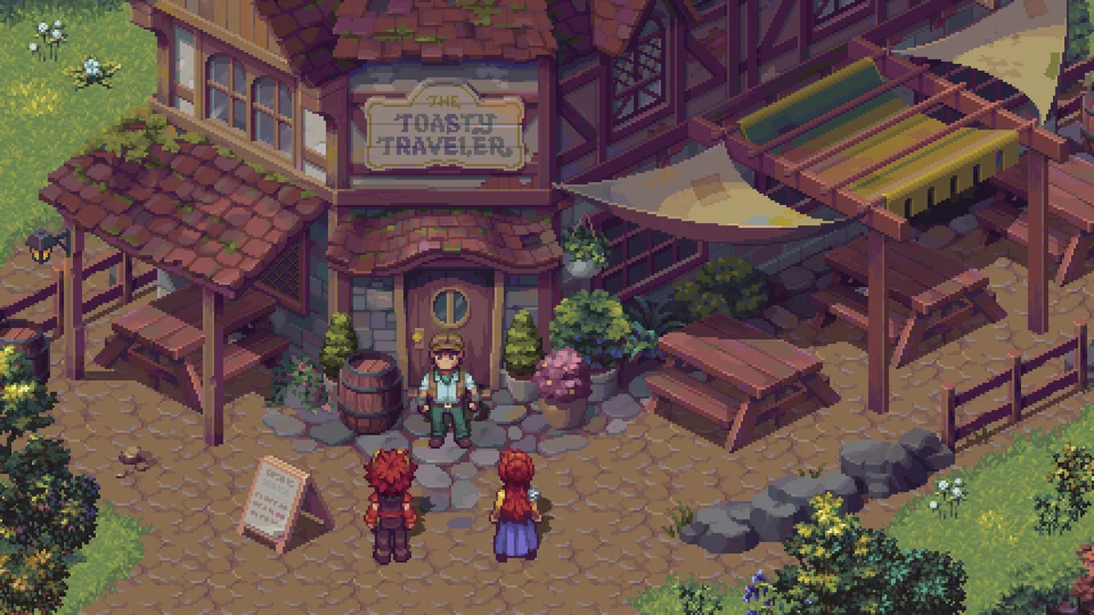 Fiora standing in front of The Toasty Traveler tavern in Forge of the Fae turn-based pixel RPG on PC and consoles