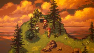 Fiora and her companions overlooking a golden sunset in the Celtic-inspired pixel RPG Forge of the Fae launching in March 2027