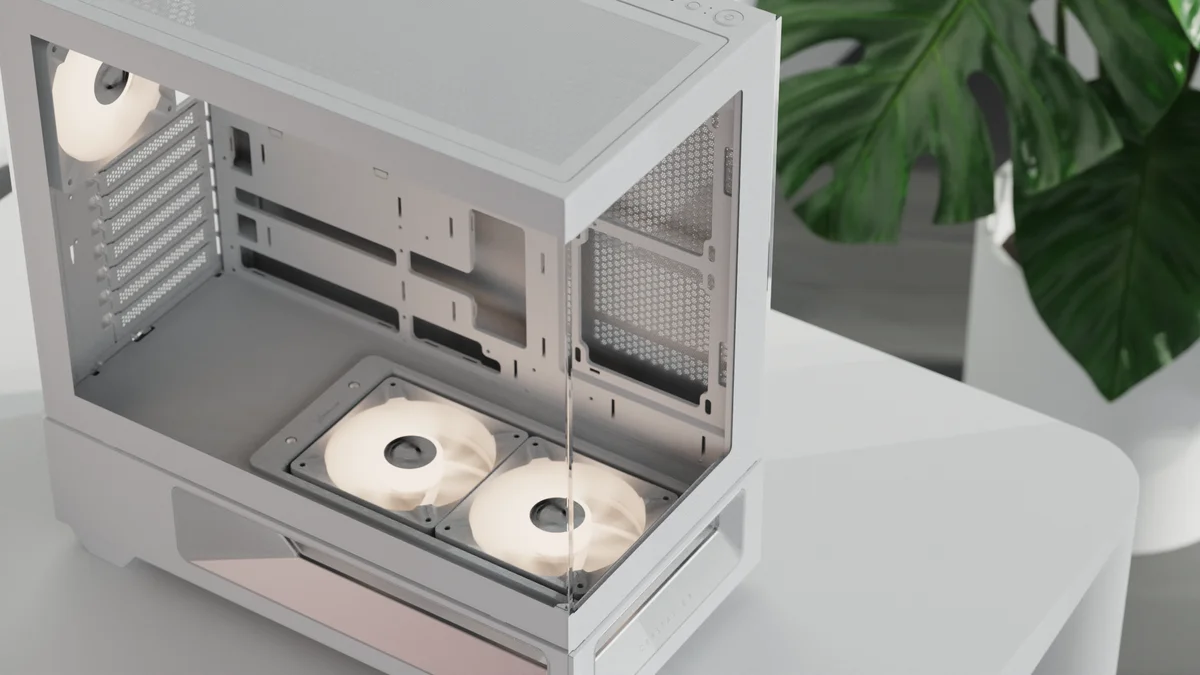 Interior layout of the Formula V Line Crystal Z3 Plus showing bottom PA2 120mm ARGB fans and back-connect motherboard cutouts