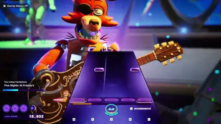Foxy on the Fortnite Festival Main Stage playing Five Nights at Freddy's by The Living Tombstone