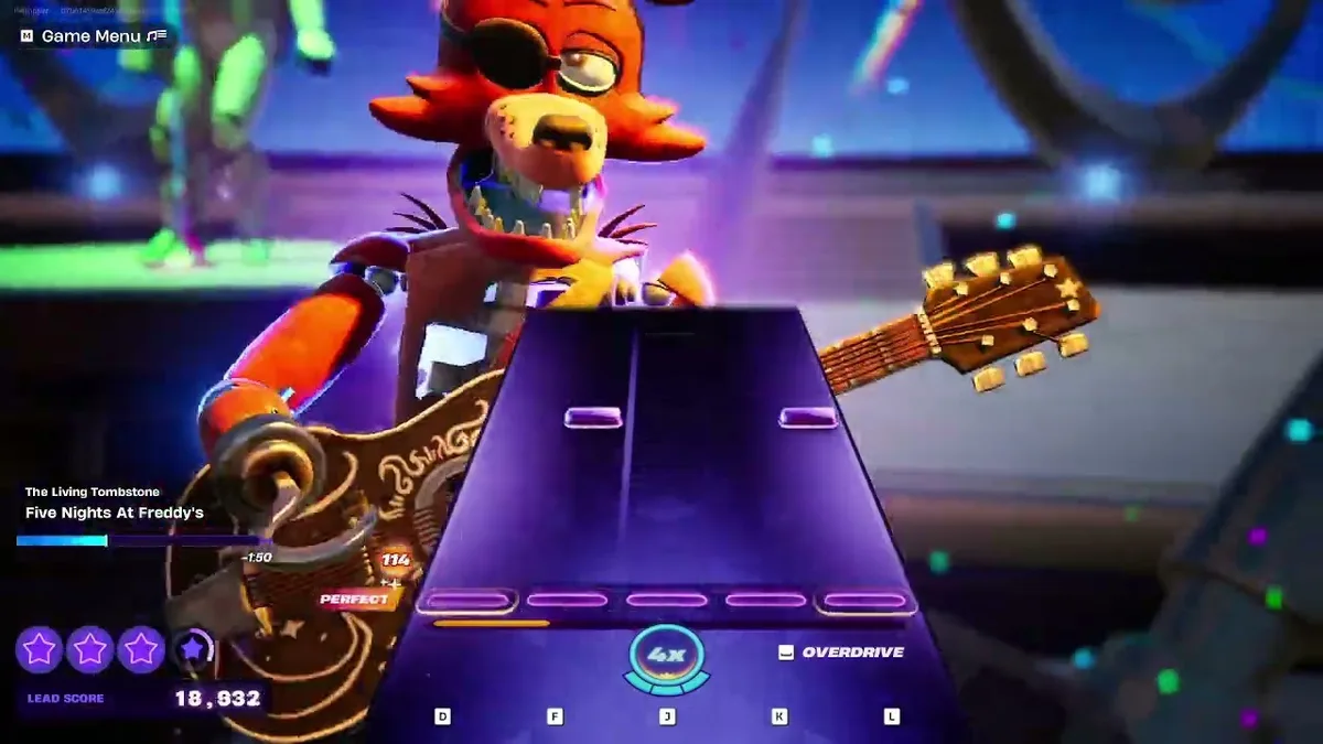 Foxy on the Fortnite Festival Main Stage playing Five Nights at Freddy's by The Living Tombstone