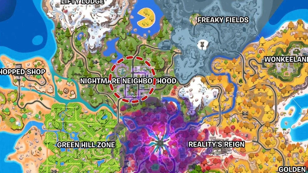 Fortnite Chapter 7 Season 4 map showing Nightmare Neighborhood location to find the Dumpster Dive Sprite and Freddy Krueger boss