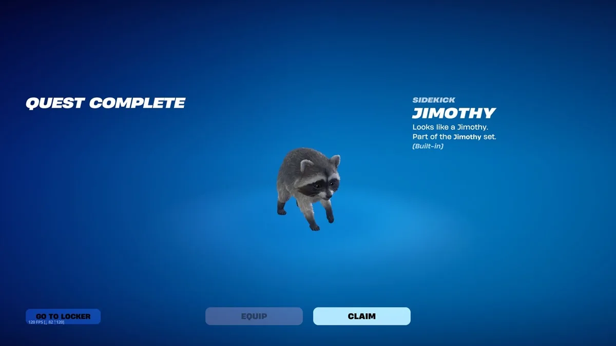 In-game Quest Complete screen showing the unlocked Jimothy Raccoon Sidekick in Fortnite