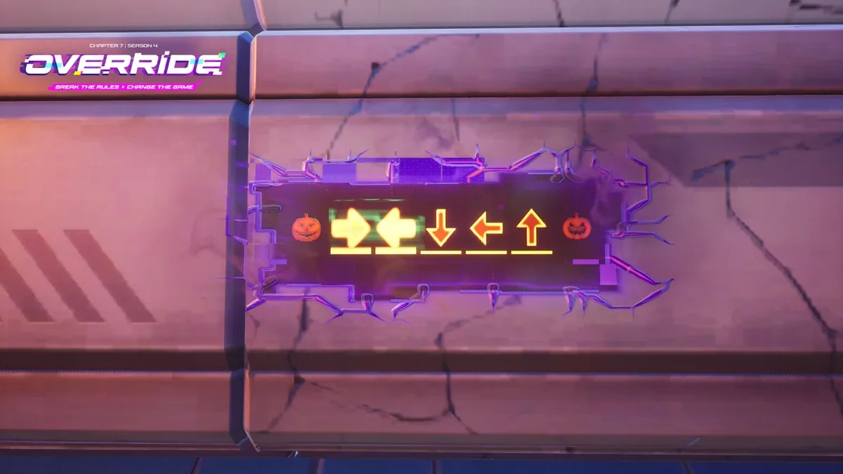 Directional Trick or Treat Cheat Code prompt on a wall in Fortnite Chapter 7 Season 4 Override
