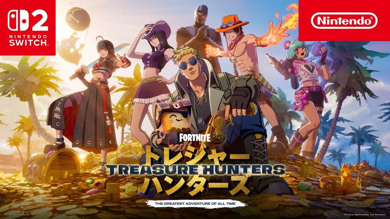 Portgas D. Ace, Nico Robin, Captain X, and the Going Merry in Fortnite Treasure Hunters on Nintendo Switch 2