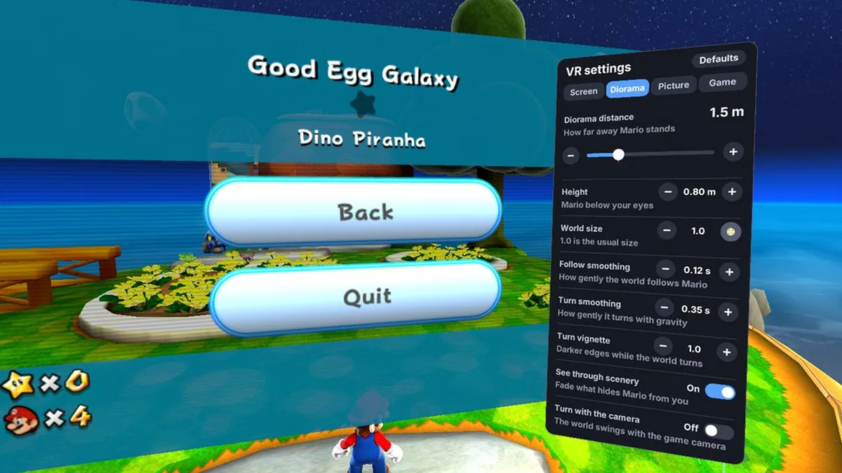 Native in-game settings drawer in Good Egg Galaxy on Galaxy Android v0.0.4a