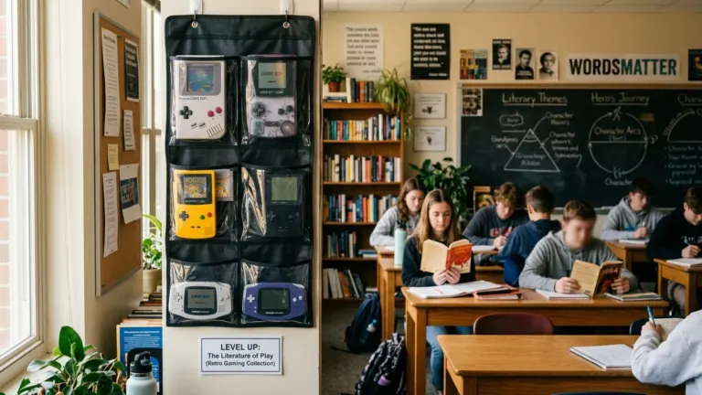 Game Boy consoles collection hanging in high school literature classroom