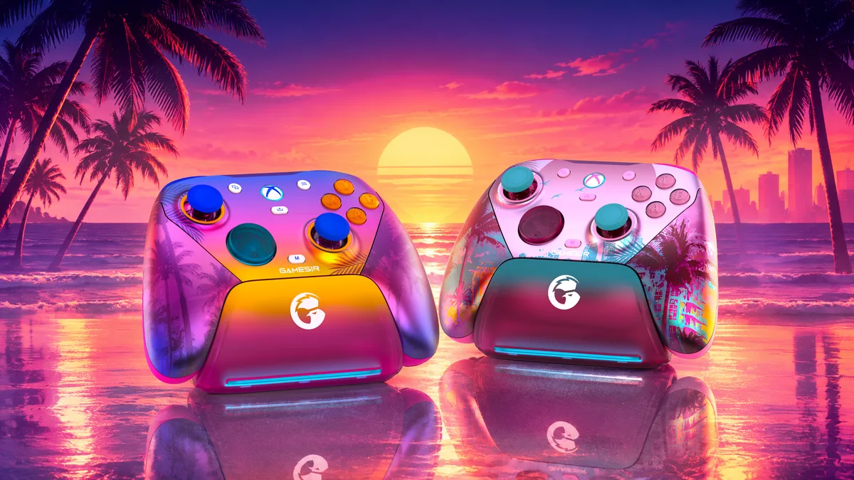 GameSir G7 Pro Sunset Boulevard and Ocean Breeze controllers on a neon Florida beach at sunset