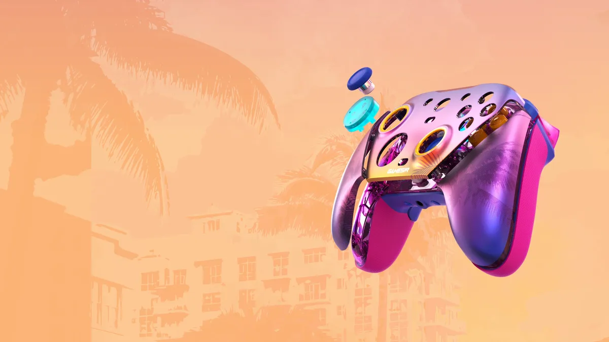 Exploded view of the GameSir G7 Pro Sunset Boulevard controller showing its magnetic faceplate and swappable D-pad