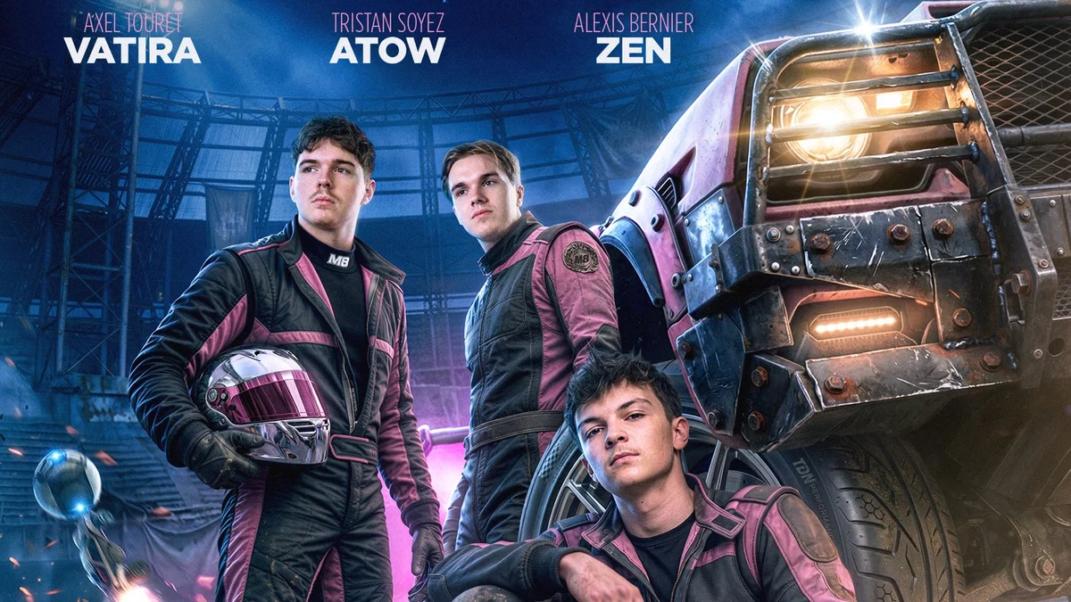 Axel Vatira Touret, Tristan Atow Soyez, and Alexis zen Bernier in Gentle Mates Rocket League RLCS 2027 jerseys