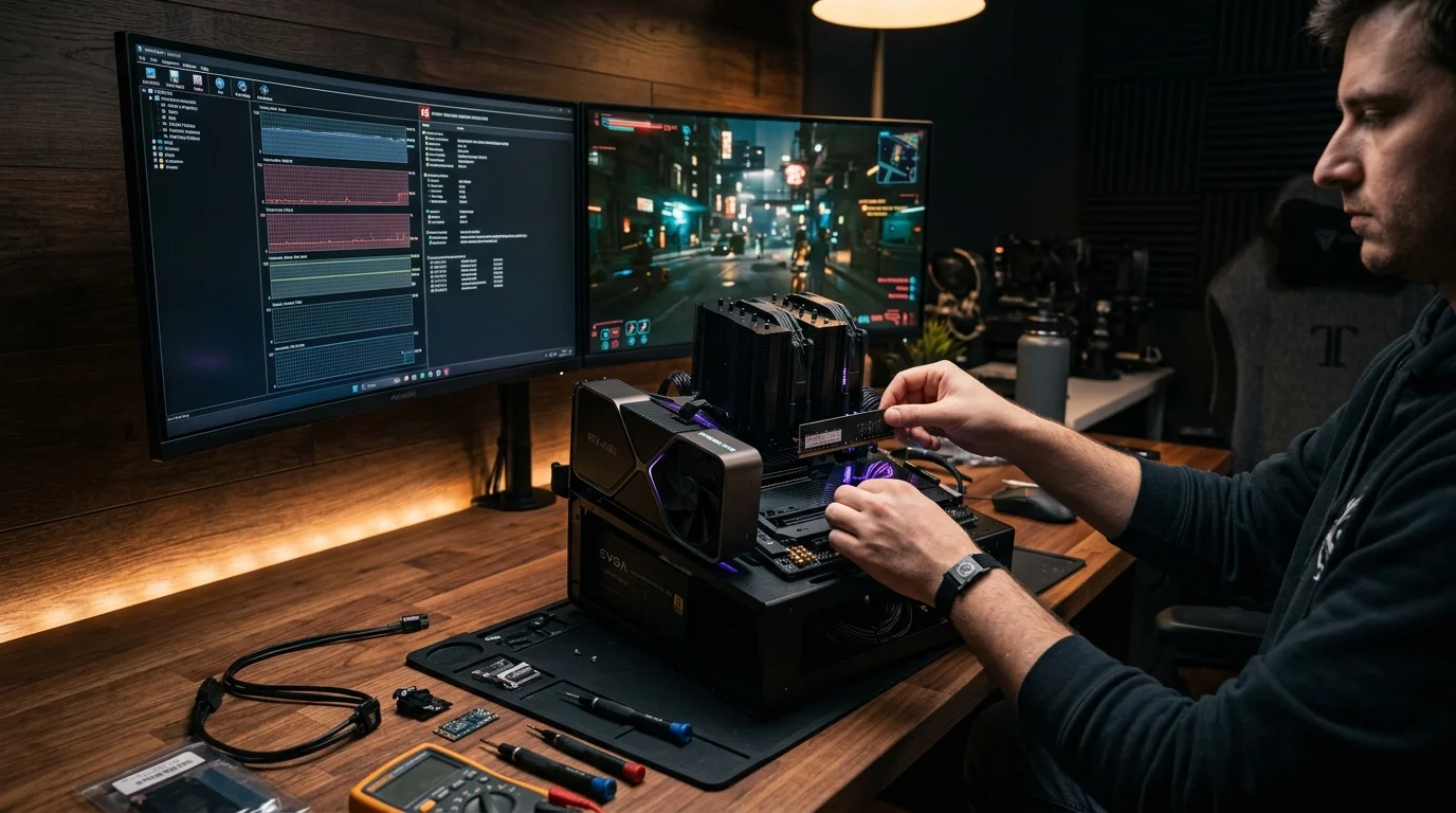 Open-air PC gaming hardware test bench with diagnostics monitoring