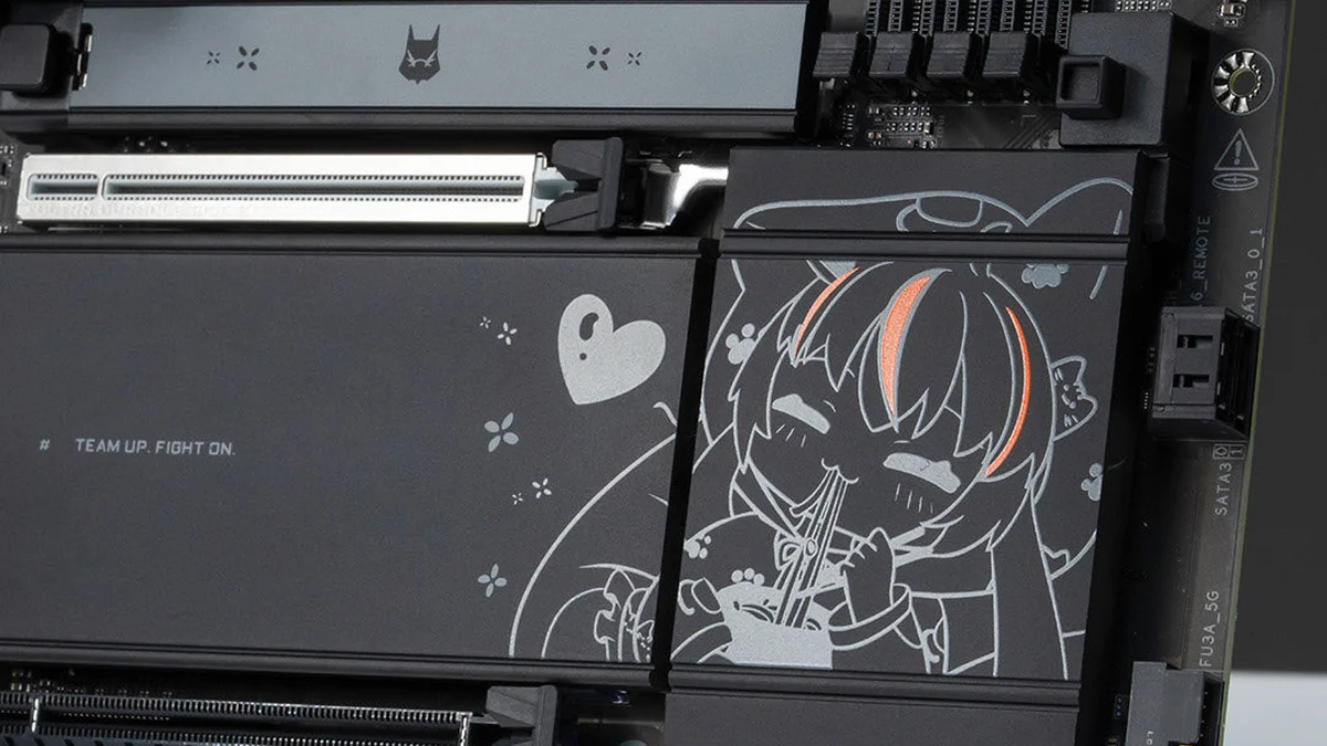 B850 chipset heatsink featuring ARI chibi ramen artwork and M.2 Thermal Guard on the black Gigabyte B850 AORUS ELITE-P