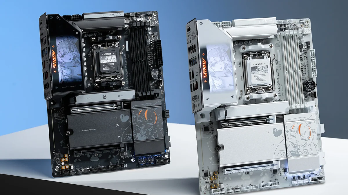 Gigabyte B850 AORUS ELITE-P black and B850 AORUS ELITE-P ICE white Socket AM5 motherboards with ARI anime design