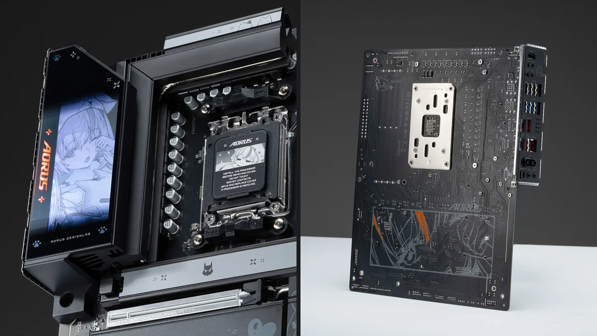 Close-up of the AORUS DesignLab ARI I/O shroud, Socket AM5, and rear PCB artwork on the black Gigabyte B850 AORUS ELITE-P