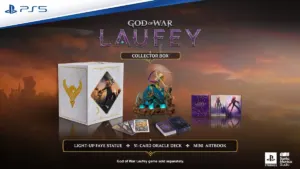 Official visual of the God of War Laufey Collector Box featuring the Light-Up Faye Statue, 51-Card Oracle Deck, and Mini Artbook