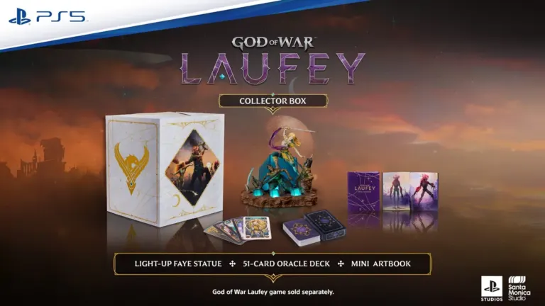 Official visual of the God of War Laufey Collector Box featuring the Light-Up Faye Statue, 51-Card Oracle Deck, and Mini Artbook