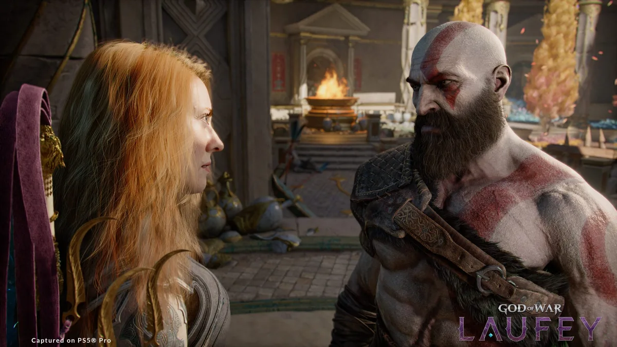 Faye (Laufey) facing Kratos in an official 4K PS5 Pro screenshot from God of War Laufey