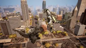 Godzilla clashes with Kiryu amid city skyscrapers in Godzilla: Destroy All Monsters Melee Remastered