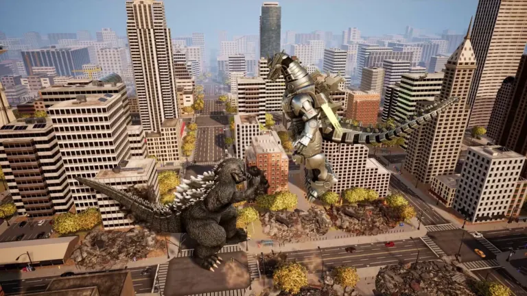 Godzilla clashes with Kiryu amid city skyscrapers in Godzilla: Destroy All Monsters Melee Remastered