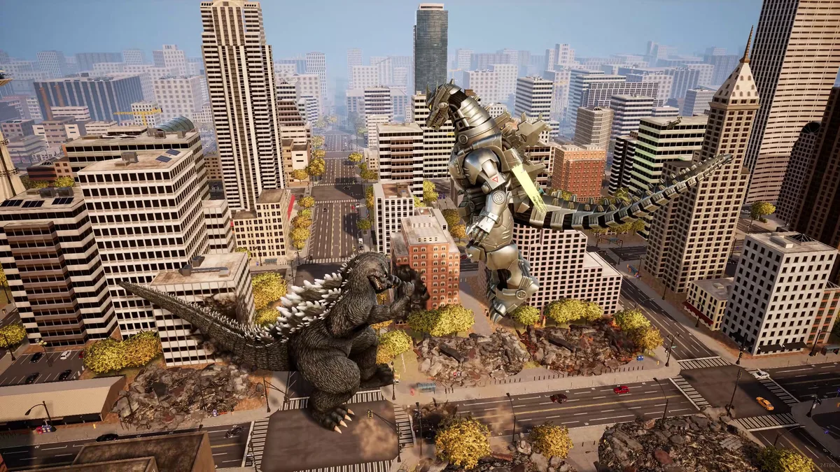 Godzilla clashes with Kiryu amid city skyscrapers in Godzilla: Destroy All Monsters Melee Remastered