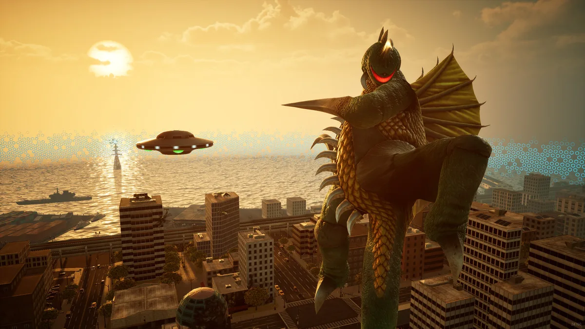 Gigan in urban arena combat in Godzilla: Destroy All Monsters Melee Remastered