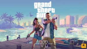 Grand Theft Auto VI Jason and Lucia on the Vice City dock ahead of the PS5 and Xbox Series X|S launch